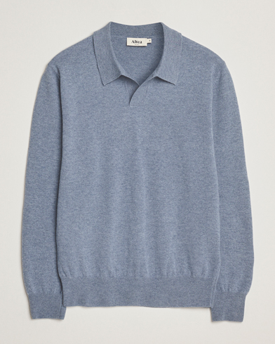 Altea Long Sleeve Knitted Wool Polo Blue Melange – Bleu