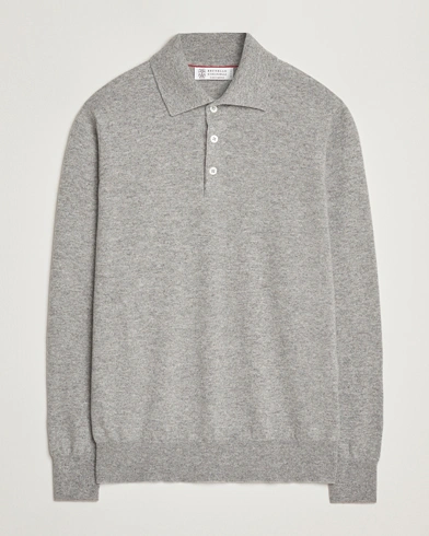 Brunello Cucinelli 2 Ply Cashmere Long Sleeve Polo Grey Melange – Gris