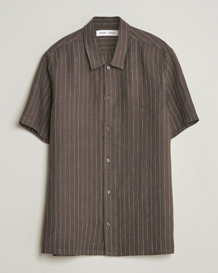 Samsøe Samsøe Avan Linen Striped Short Sleeve Shirt Black Olive – Vert