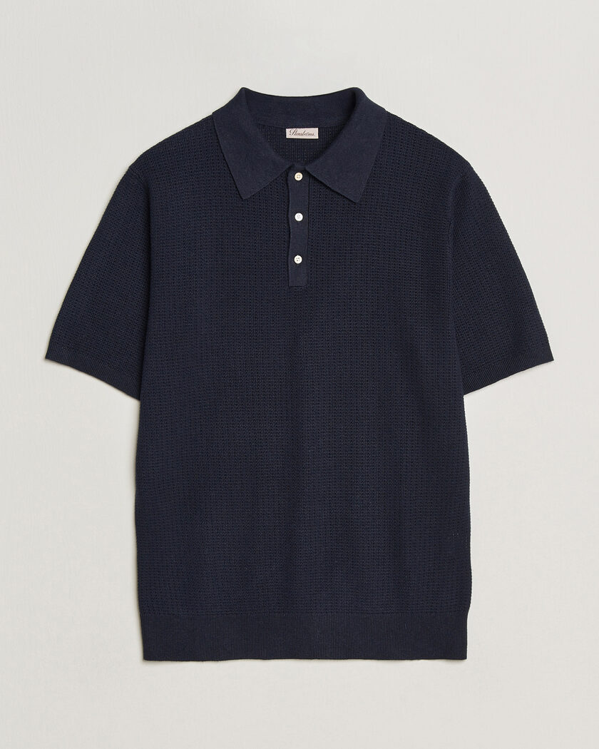 Stenströms Knitted Textured Cotton/Hemp Polo Navy – Bleu