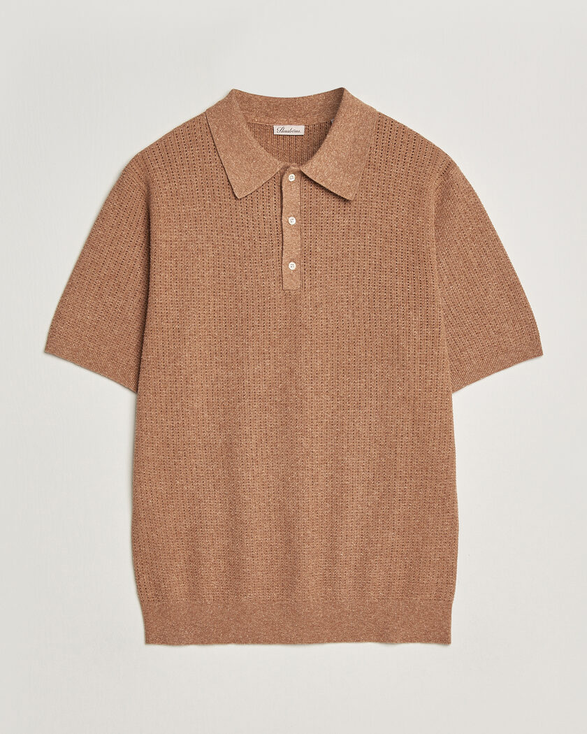 Stenströms Knitted Textured Cotton/Hemp Polo Light Brown – Marron