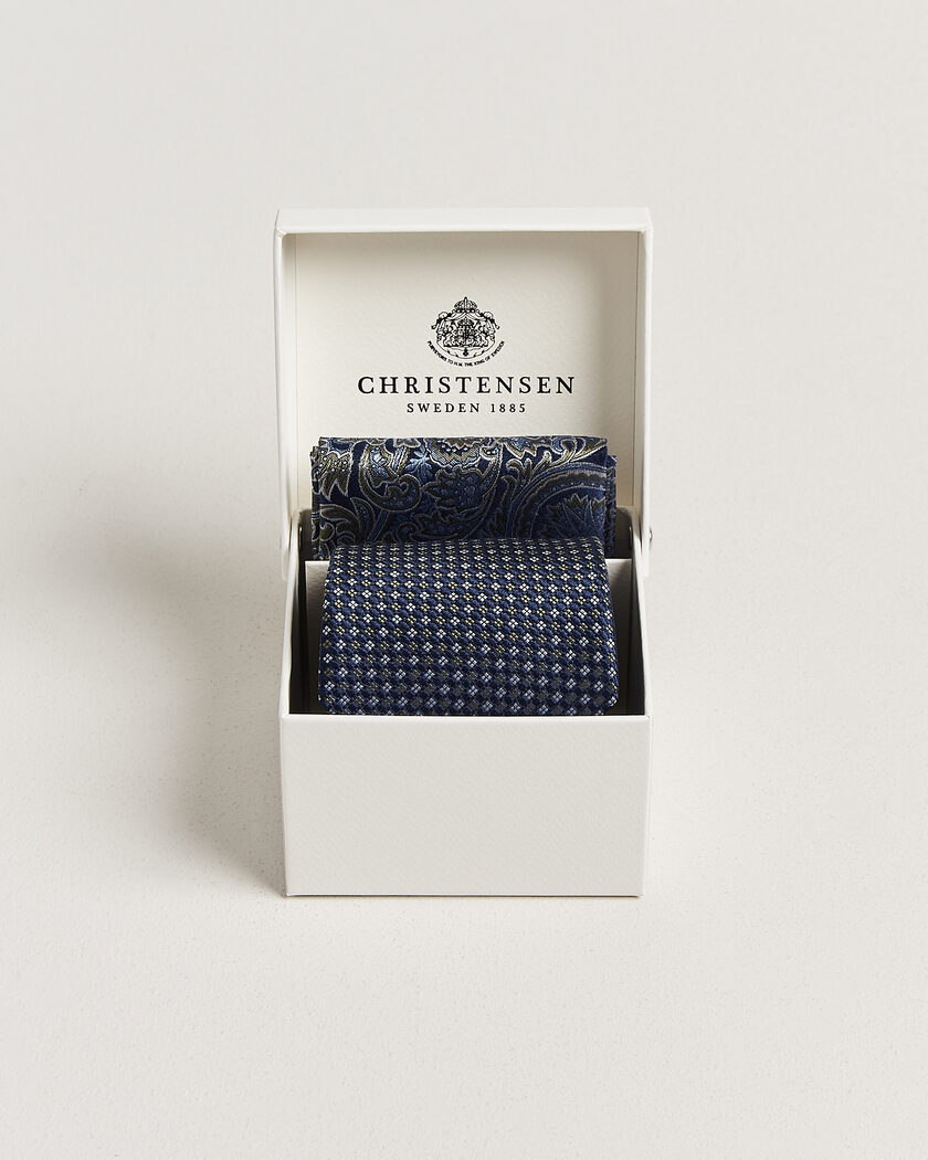 Amanda Christensen Box Set Printed Silk 8cm Tie With Pocket Square Navy/Green – Bleu