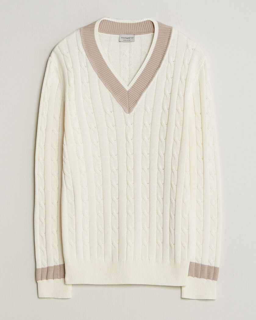 Morgano Cable Knitted Cotton V-Neck White/Beige – Blanc
