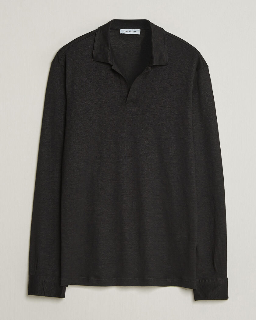 Gran Sasso Washed Linen Long Sleeve Polo Black – Noir