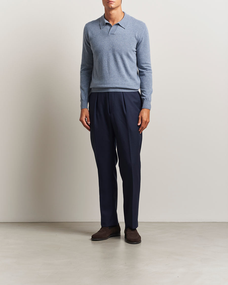 Homme | Pulls Et Tricots | Altea | Long Sleeve Knitted Wool Polo Blue Melange