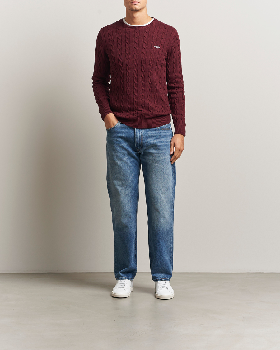 Homme | Pulls Et Tricots | Gant | Cotton Cable Crew Neck Pullover Bordeaux Melange