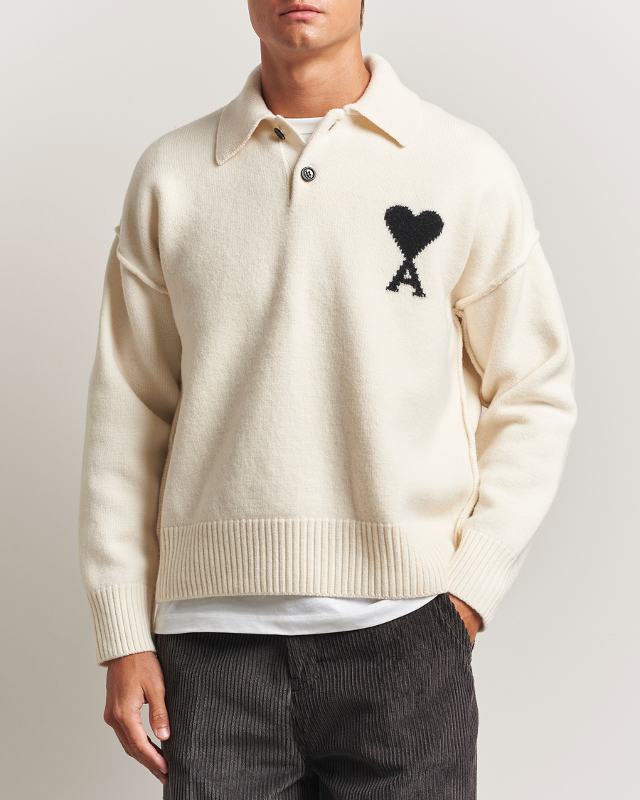 Homme | Pulls Et Tricots | AMI | Big Heart Logo Wool Knitted Polo Ecru