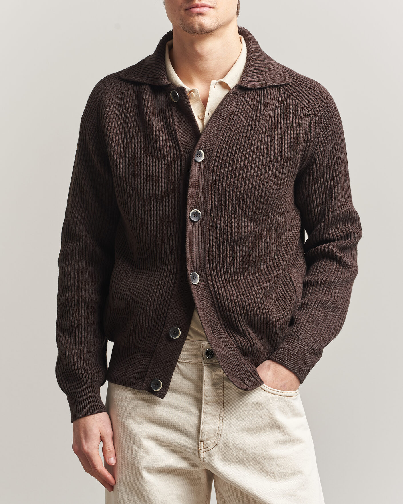 Homme | Pulls Et Tricots | Altea | Cotton Rib Cardigan Jacket Dark Brown