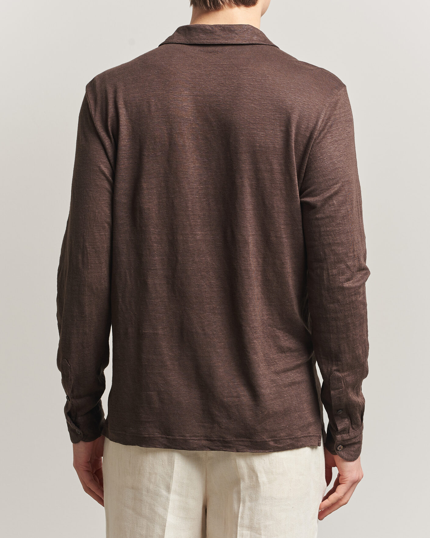 Homme | Polos | Gran Sasso | Washed Linen Long Sleeve Polo Brown Melange