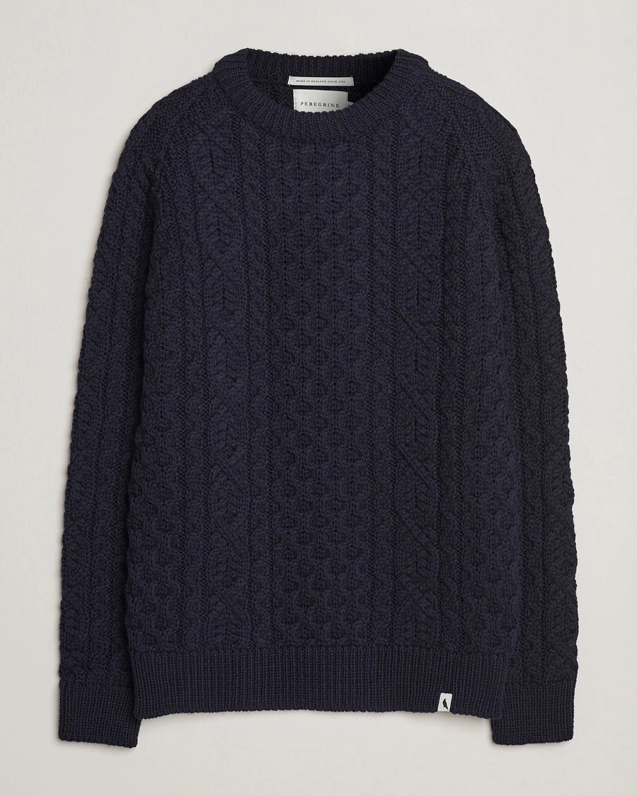 Peregrine Hudson Wool Aran Knitted Jumper Navy – Bleu