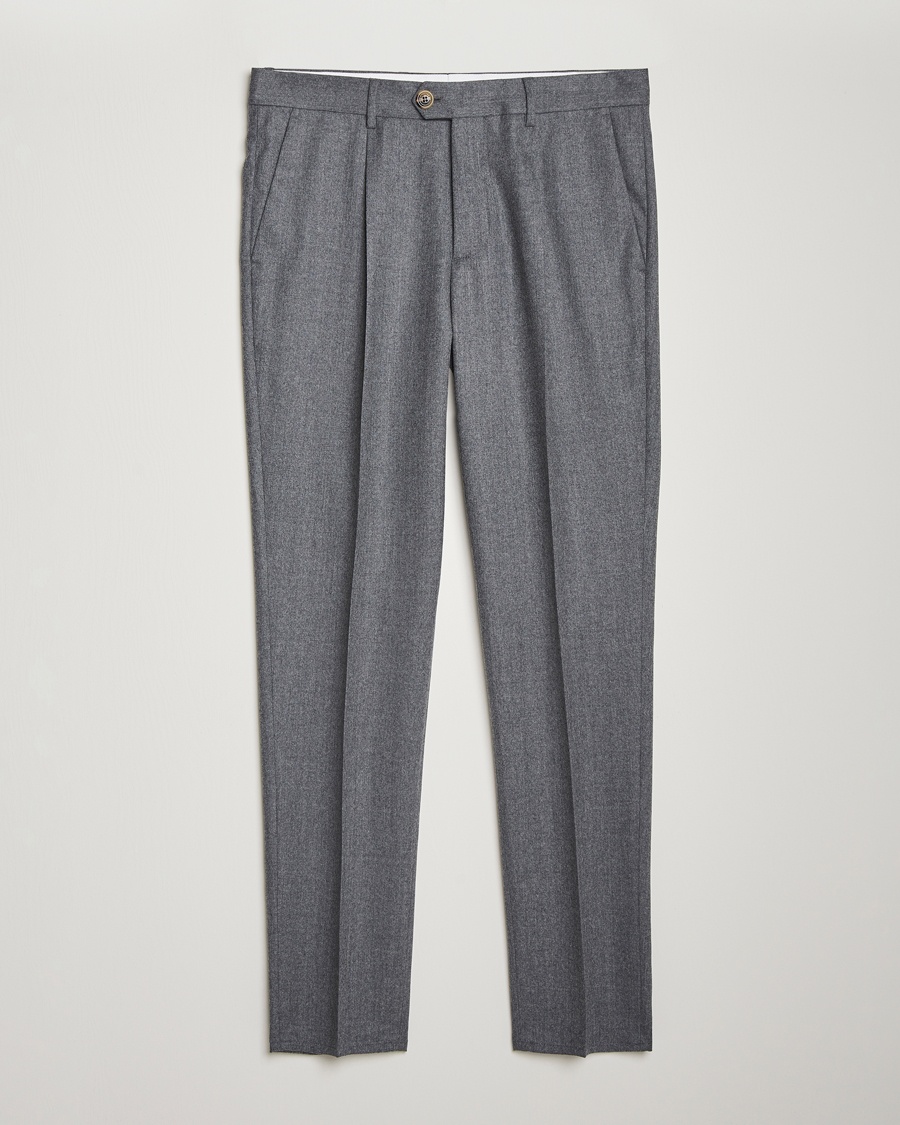 Brunello Cucinelli Slim Fit Pleated Flannel Trousers Grey Melange – Gris