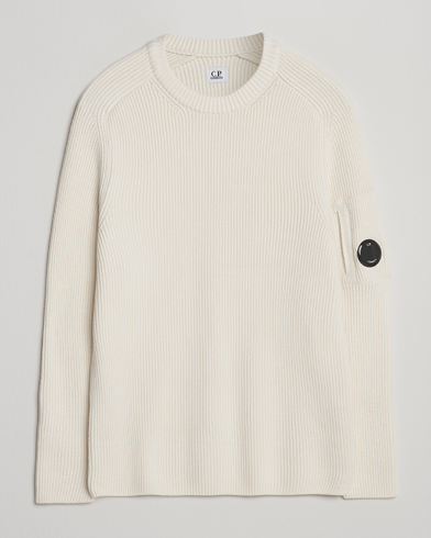 C.P. Company Full Rib Knitted Cotton Crew Neck White – Blanc