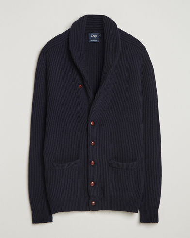 Drake's Lambswool Shawl Collar Rib Cardigan Navy – Bleu
