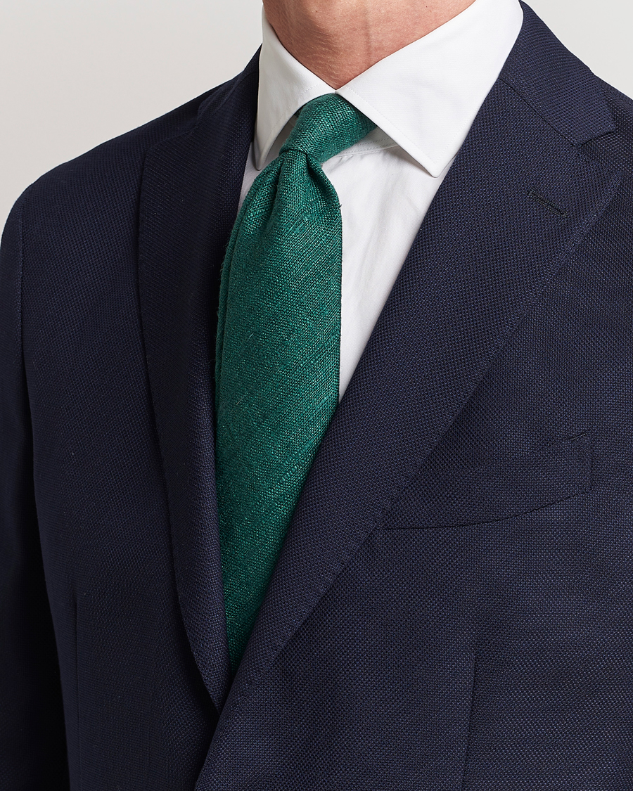 Homme |  | Drake\'s | Silk Tussah Handrolled Tie Green