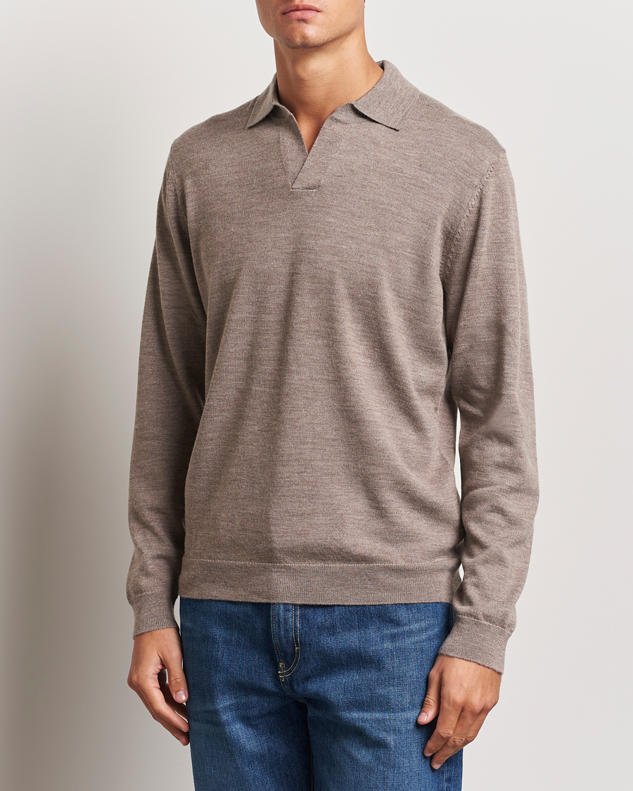 Homme |  | A Day\'s March | Manol Open Collar Merino Polo Taupe Melange