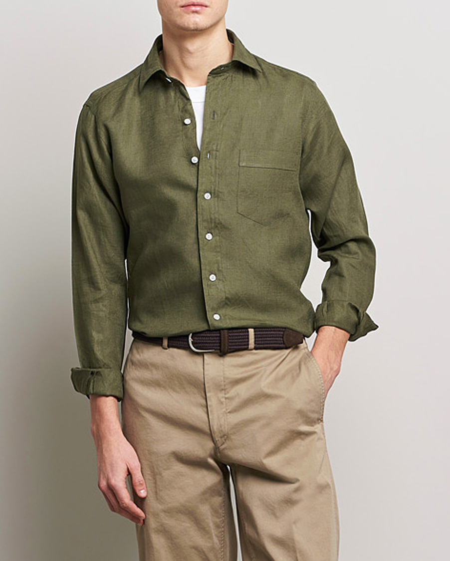 Homme | Chemises | Drake's | Linen Summer Shirt Khaki Green