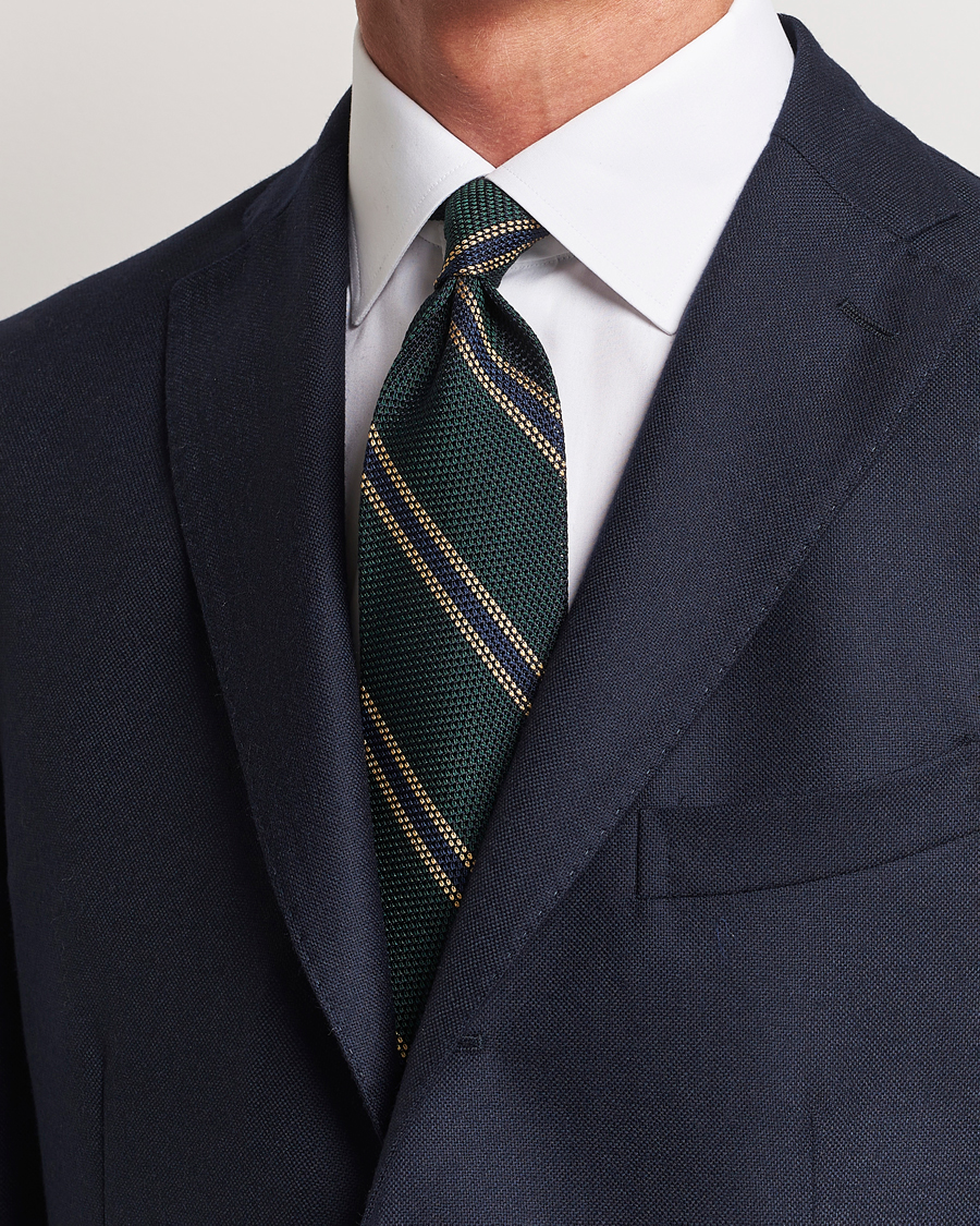 Finamore Napoli Regimental Grenadine Silk Tie Green/Navy - Acheter