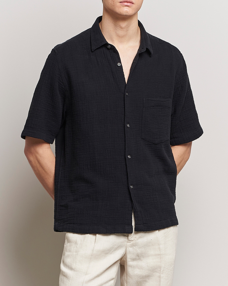 Homme |  | Oscar Jacobson | Short Sleeve City Crepe Cotton Shirt Black