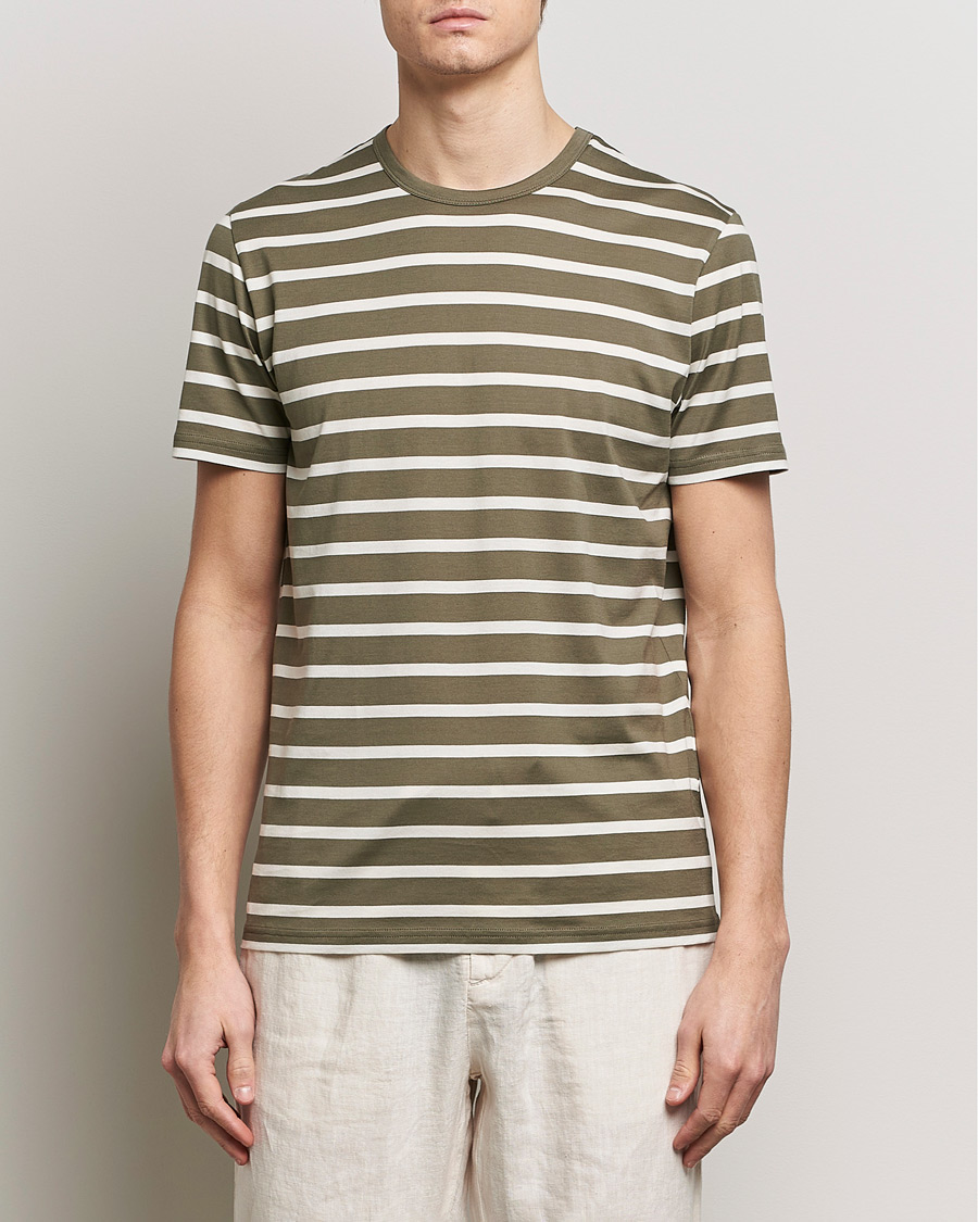 Homme |  | Sunspel | Striped Crew Neck Cotton Tee Khaki