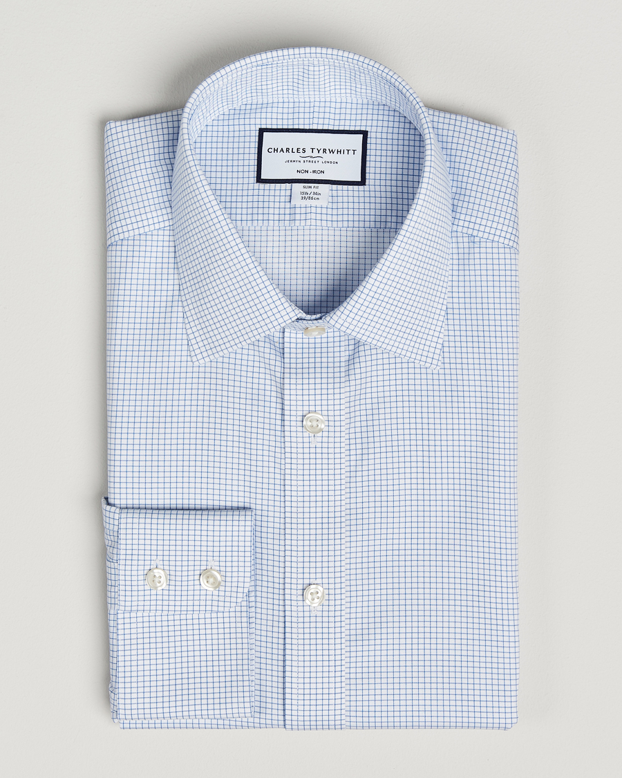 Homme | Chemises | Charles Tyrwhitt | Slim Fit Non Iron Mini Grid Check Shirt Sky Blue