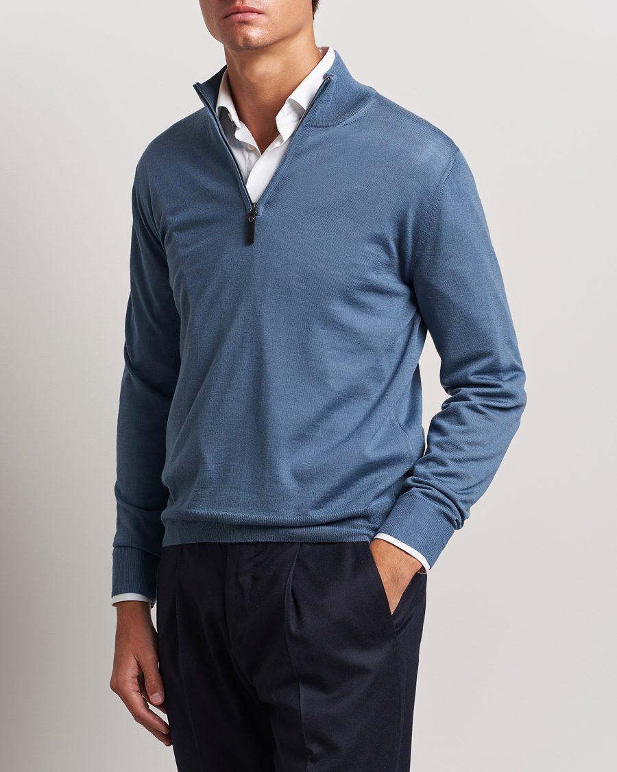 Homme |  | Canali | Merino Wool Half Zip Light Blue