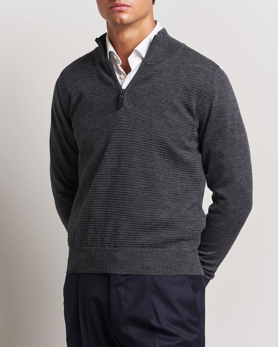 Homme |  | Canali | Textured Knit Half Zip Charcoal