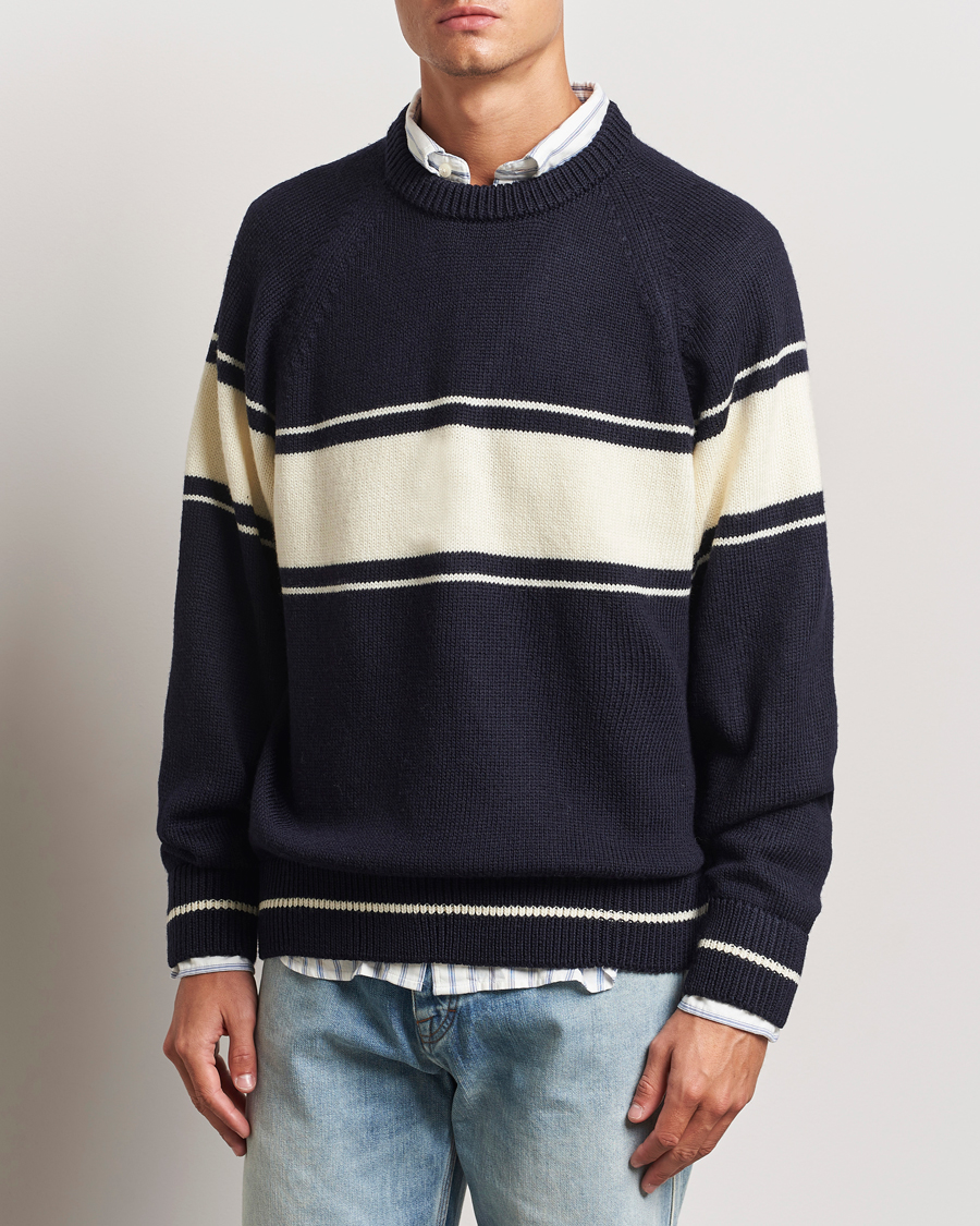 Homme | Pulls Tricotés | GANT 240 Mulberry Street | Striped Wool Knitted Crew Neck Classic Blue