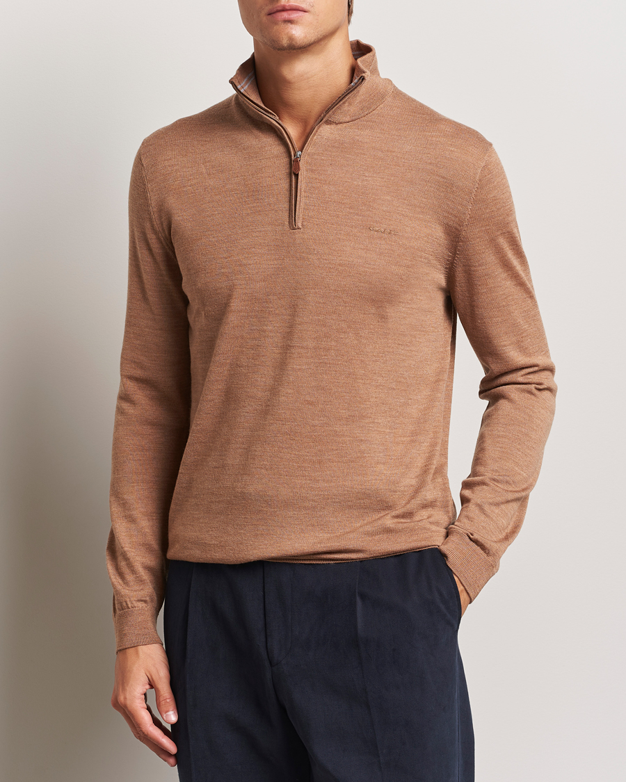 Homme |  | GANT | Extrafine Merino Wool Half Zip Dk Sand Melange