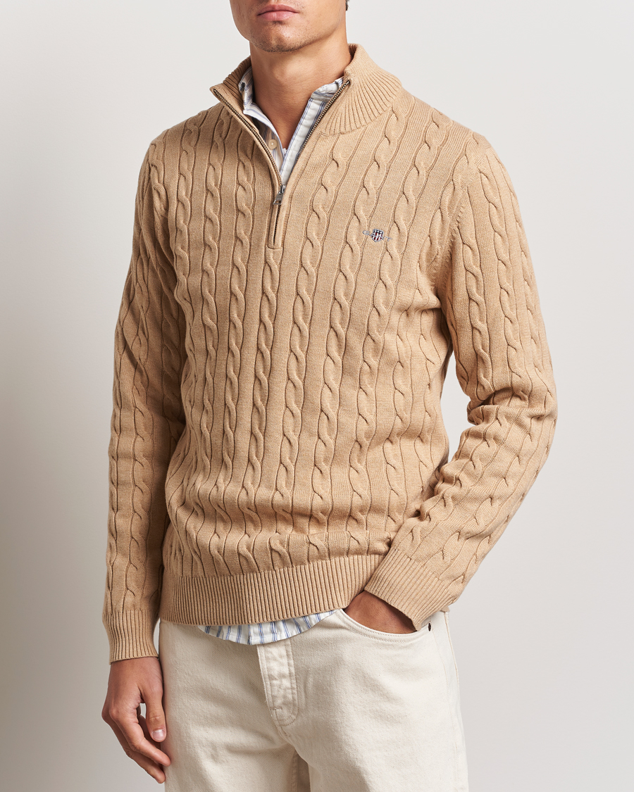 Homme |  | GANT | Cotton Cable Half Zip Khaki Melange