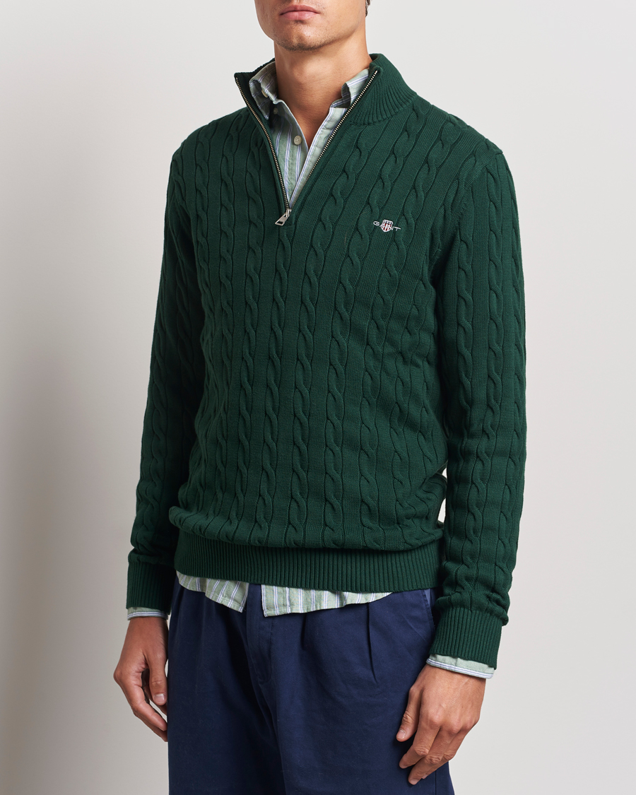 Homme |  | GANT | Cotton Cable Half Zip Tartan Green