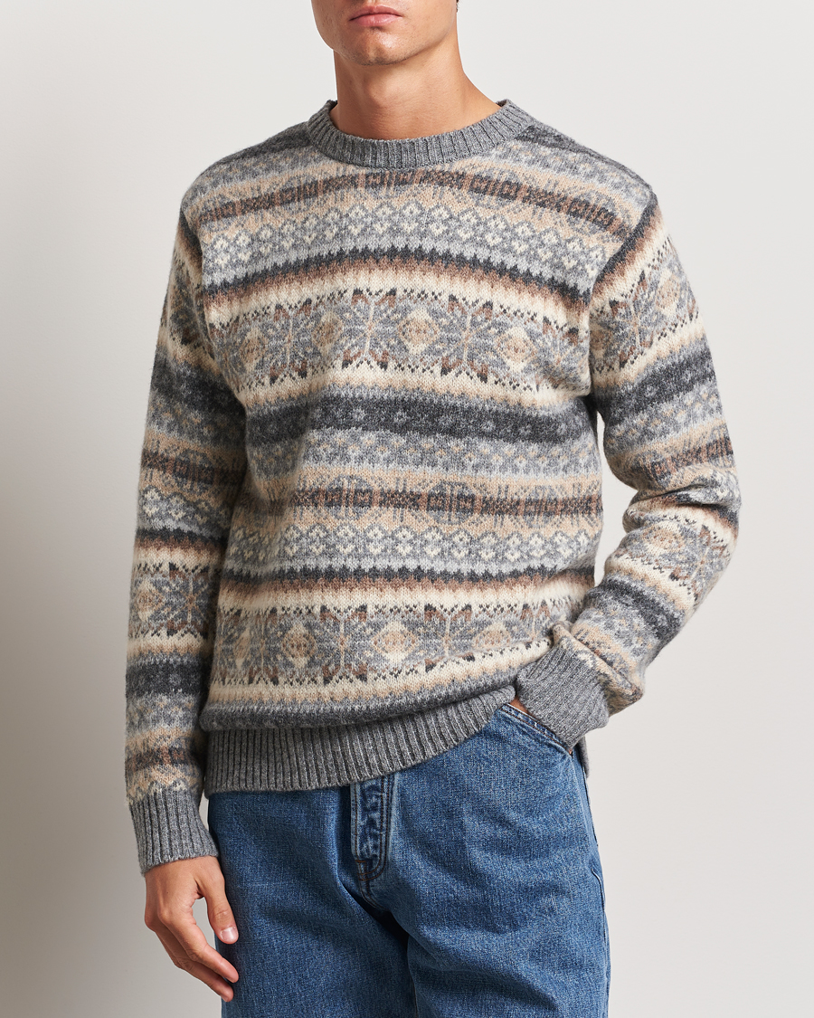 Homme | Pulls Et Tricots | Harley Of Scotland | Supersoft Lambswool Fairisle Crewneck Grey