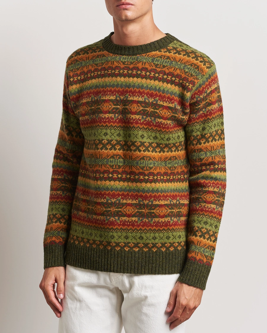 Homme | Harley Of Scotland | Harley Of Scotland | Supersoft Lambswool Fairisle Crewneck Green