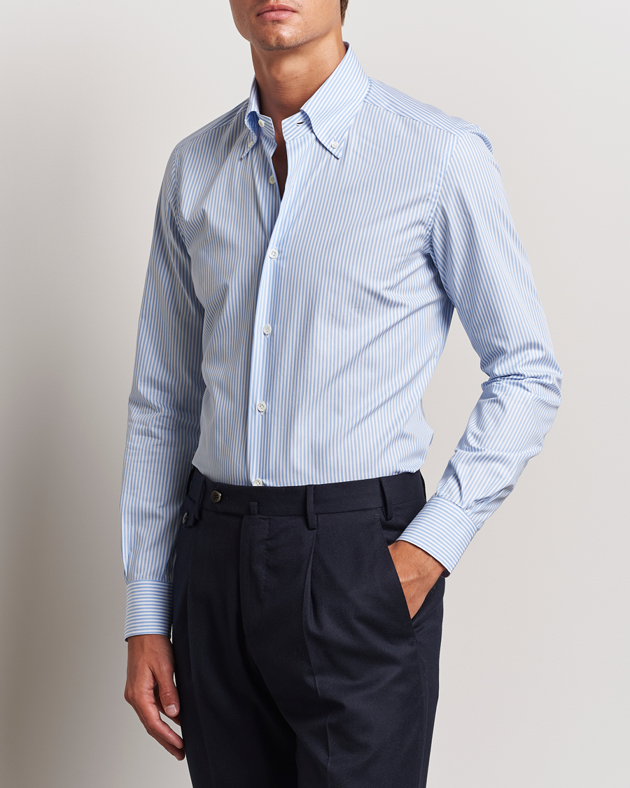 Homme |  | Mazzarelli | Soft Cotton Striped Button Down Shirt Light Blue