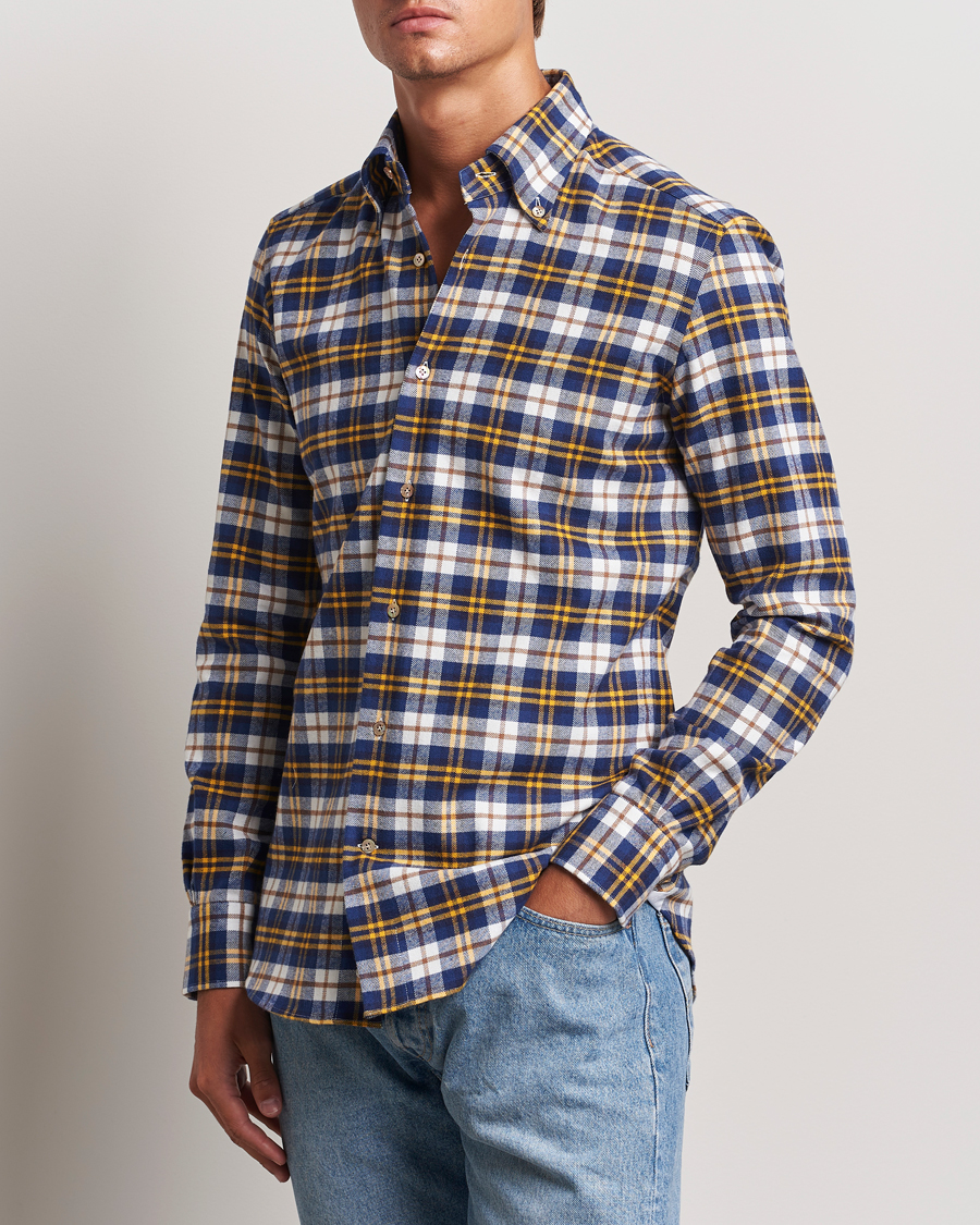 Homme |  | Mazzarelli | Soft Flannel Check Button Down Shirt Blue/White