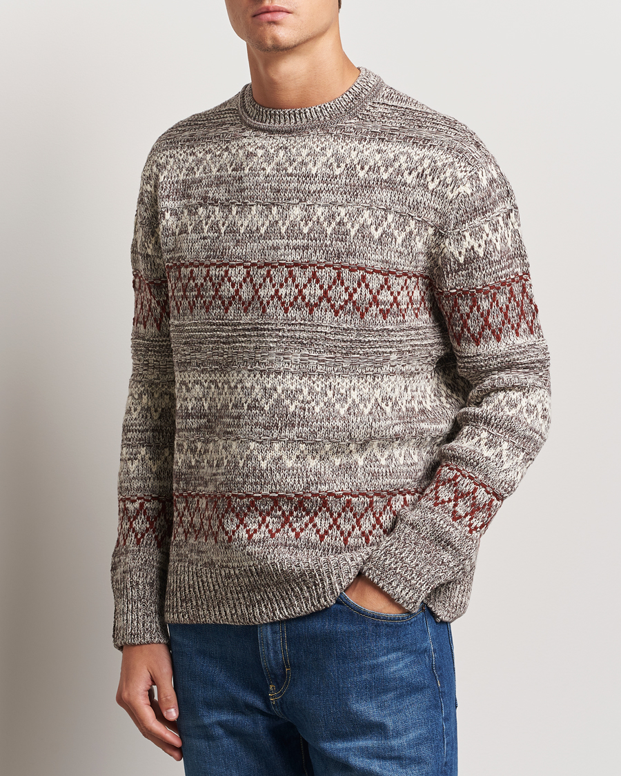 Homme |  | KnowledgeCotton Apparel | Knitted Pattern Lambswool Crewneck Brown