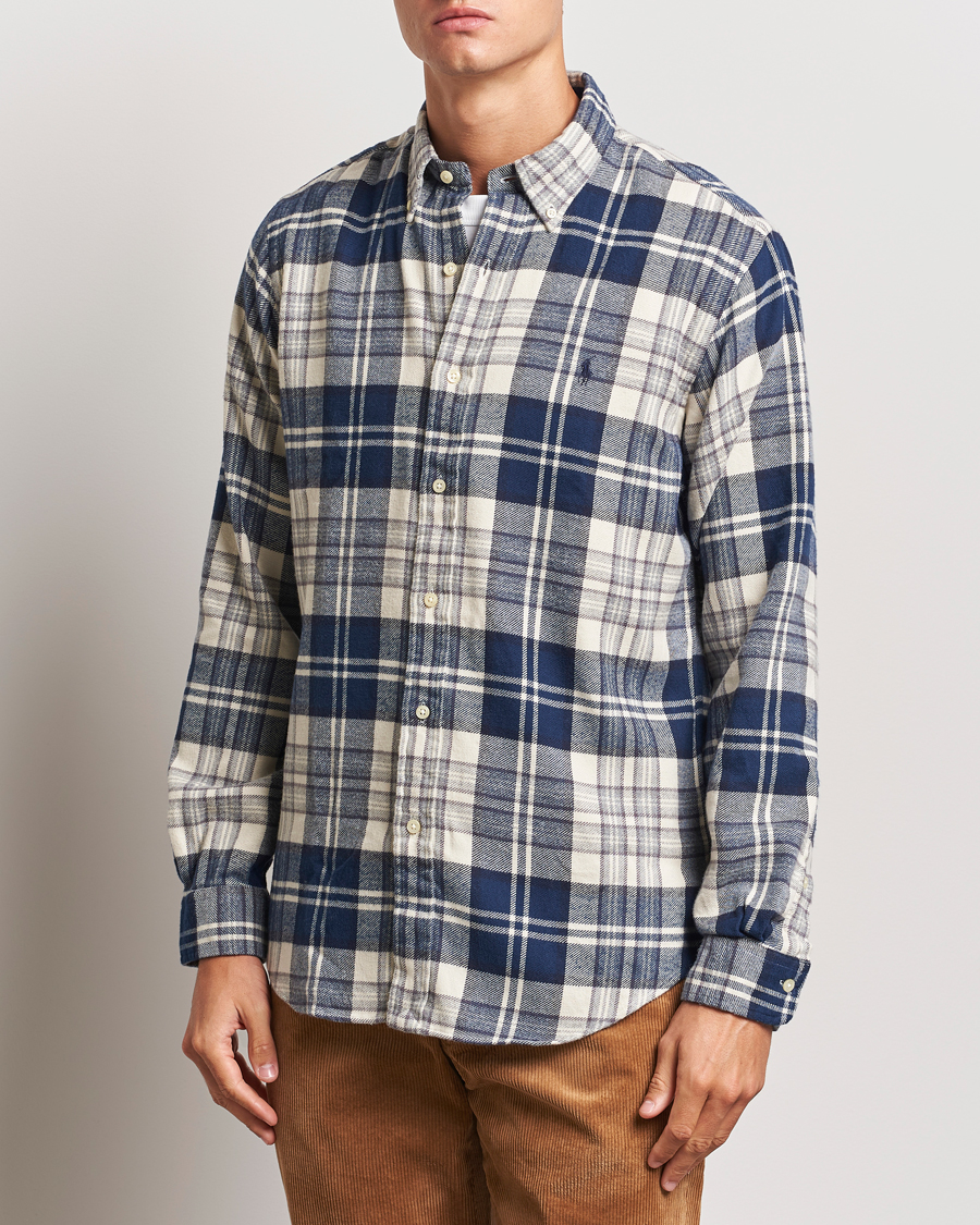 Homme |  | Polo Ralph Lauren | Custom Fit Brushed Flannel Checked Shirt Off White/Navy