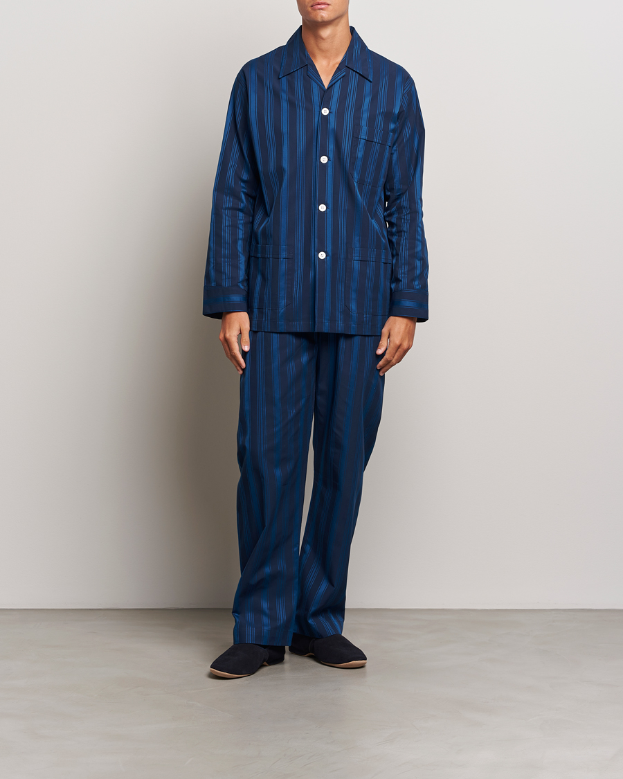 Homme |  | Derek Rose | Striped Cotton Pyjama Set Navy