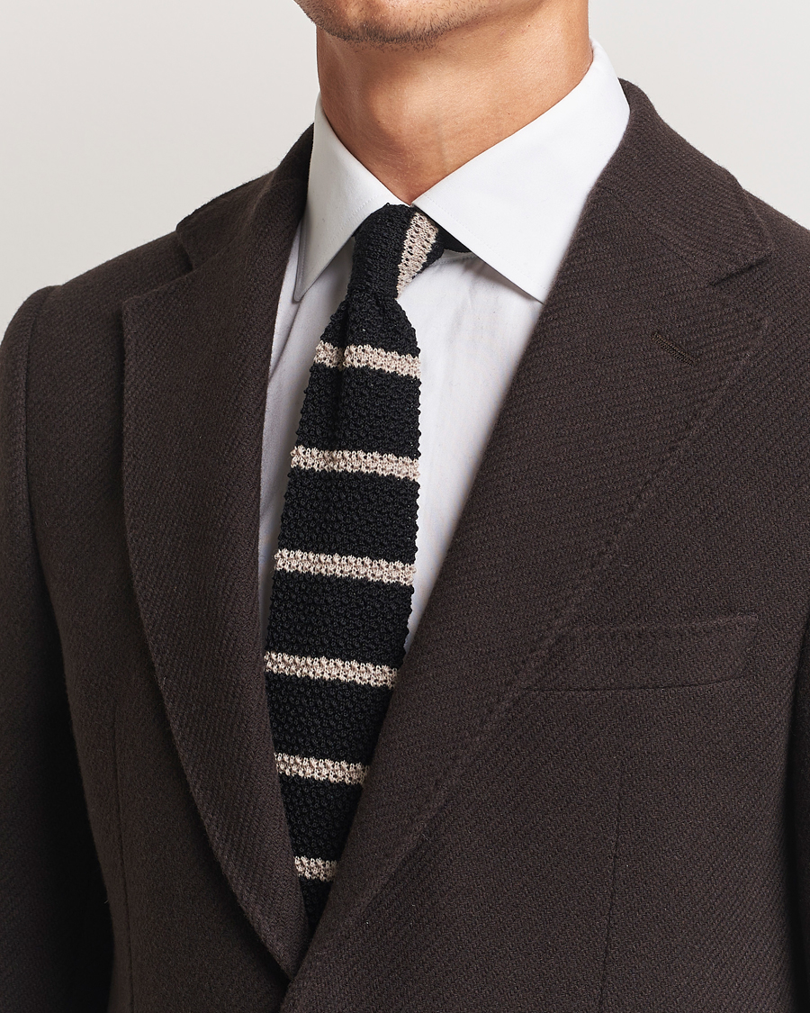 Homme |  | Amanda Christensen | Wool Striped Knitted 6,5cm Tie Black