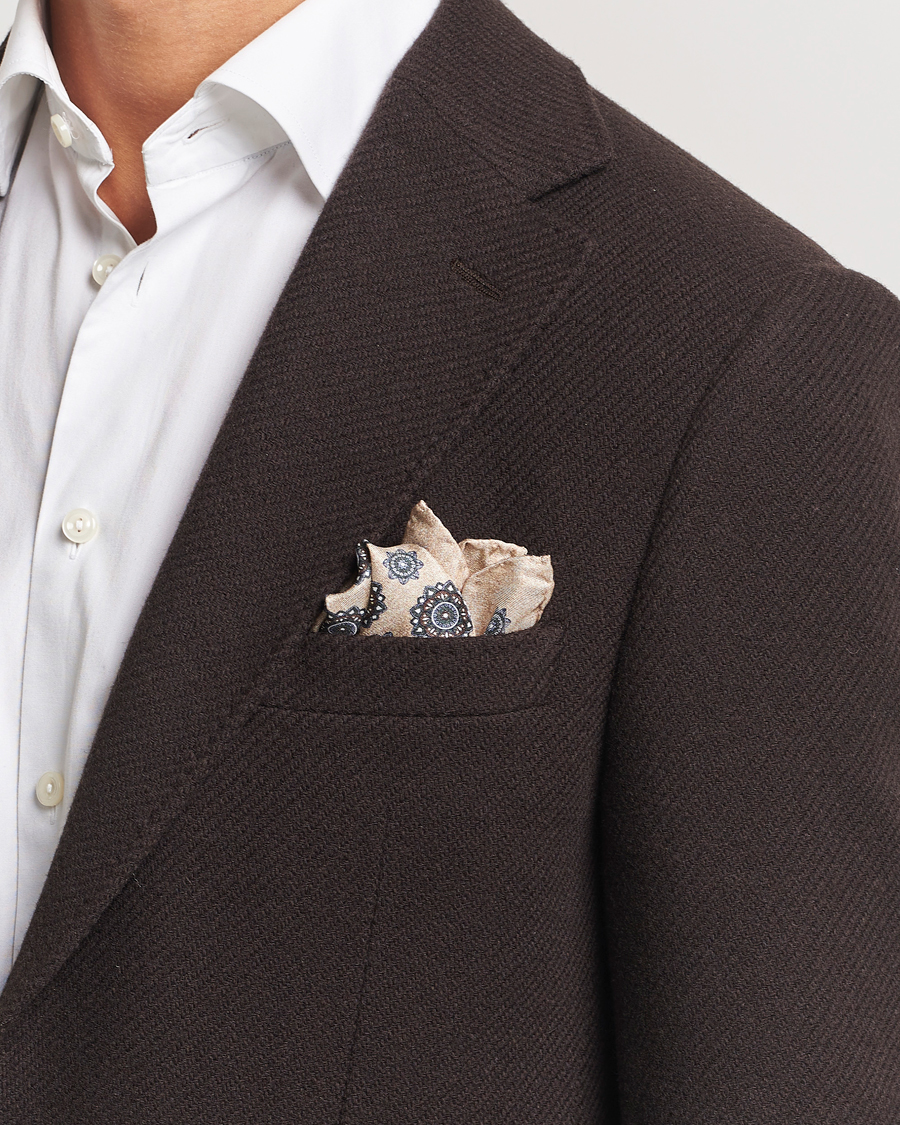 Homme |  | Amanda Christensen | Silk Twill Printed Flower Pocket Square Cream