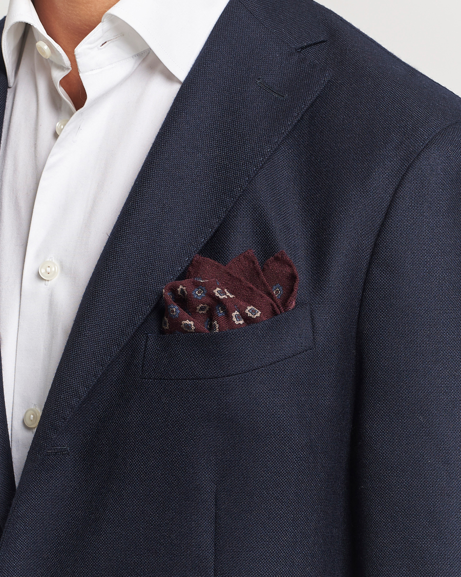 Homme |  | Amanda Christensen | Wool Flannel Printed Flower Pocket Square Wine