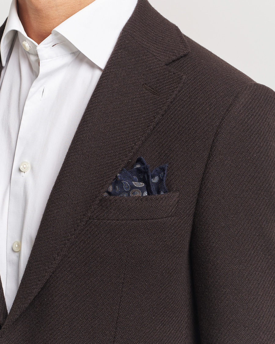 Homme |  | Amanda Christensen | Wool Flannel Printed Paisley Pocket Square Navy