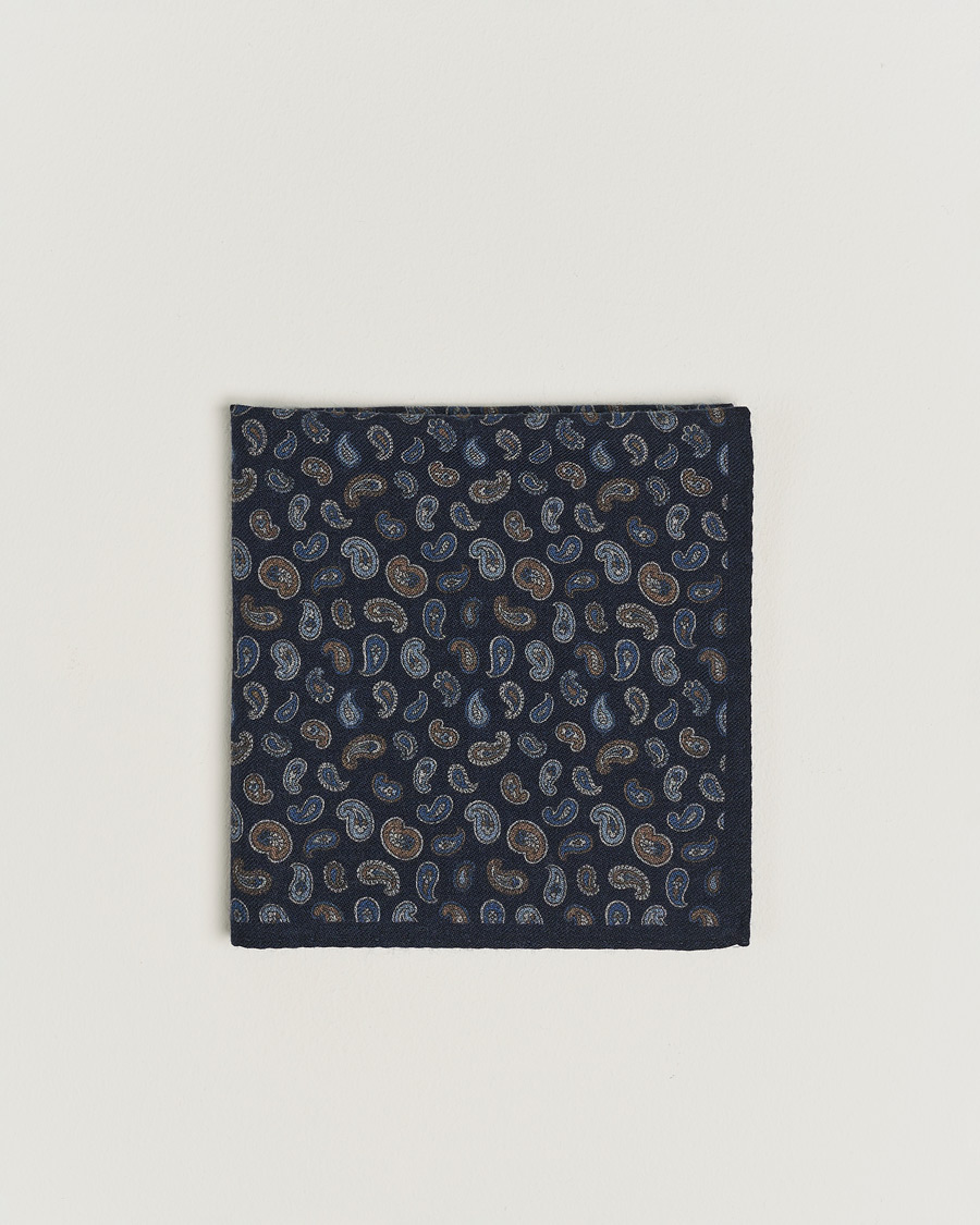 Homme |  | Amanda Christensen | Wool Flannel Printed Paisley Pocket Square Navy