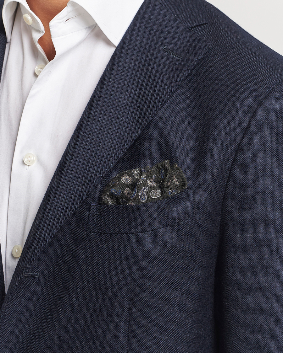 Homme |  | Amanda Christensen | Wool Flannel Printed Paisley Pocket Square Dark Olive