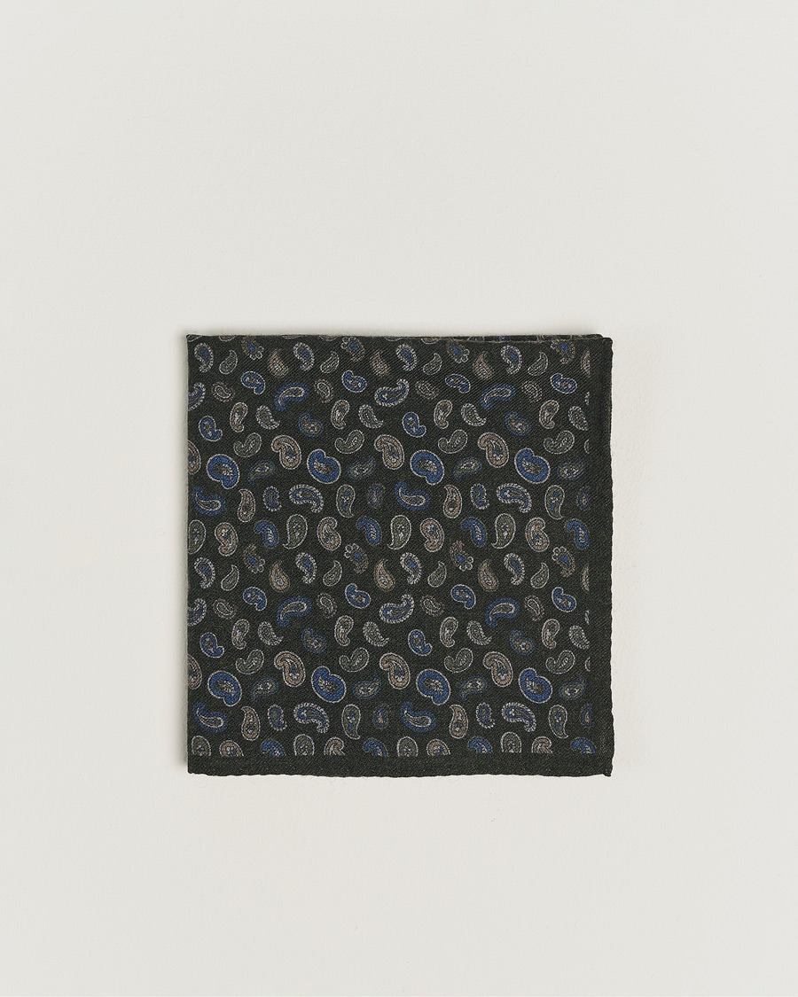 Homme |  | Amanda Christensen | Wool Flannel Printed Paisley Pocket Square Dark Olive