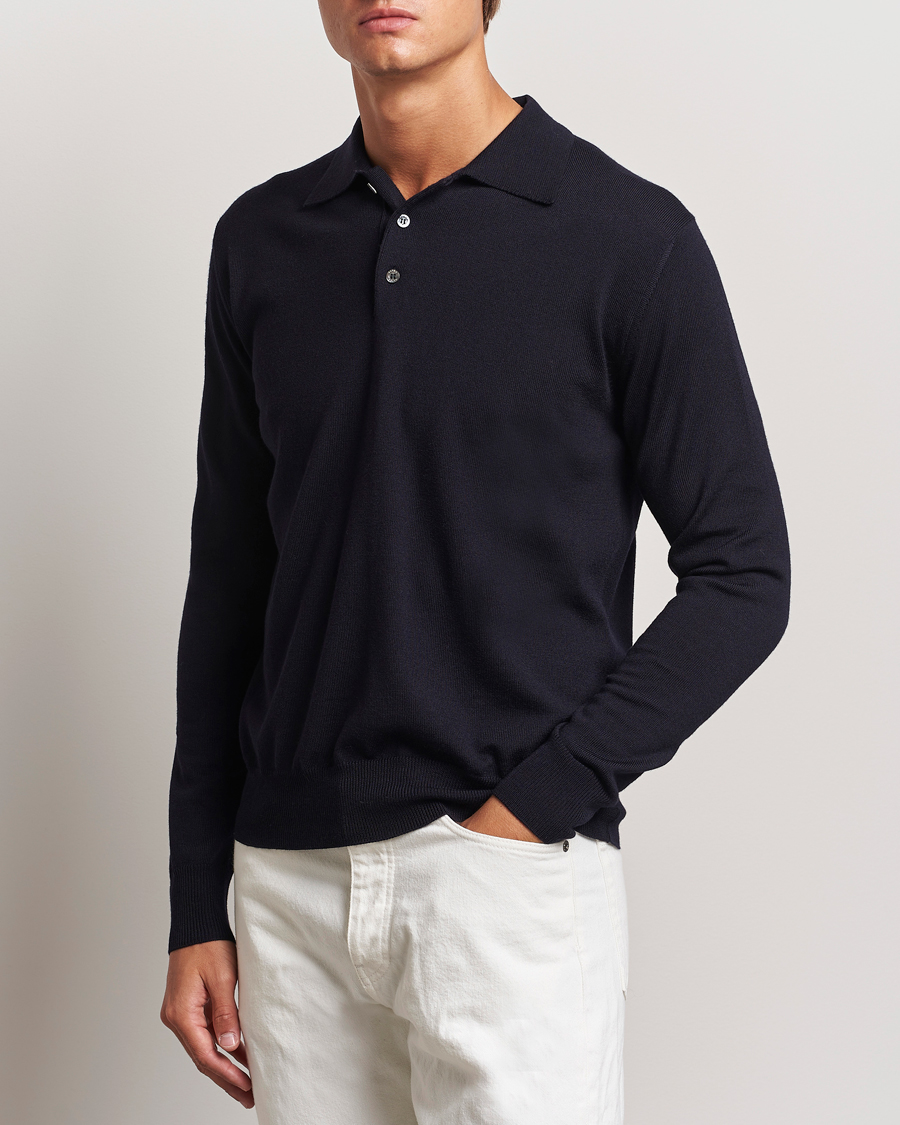 Homme |  | Altea | Merino Long Sleeve Polo Navy