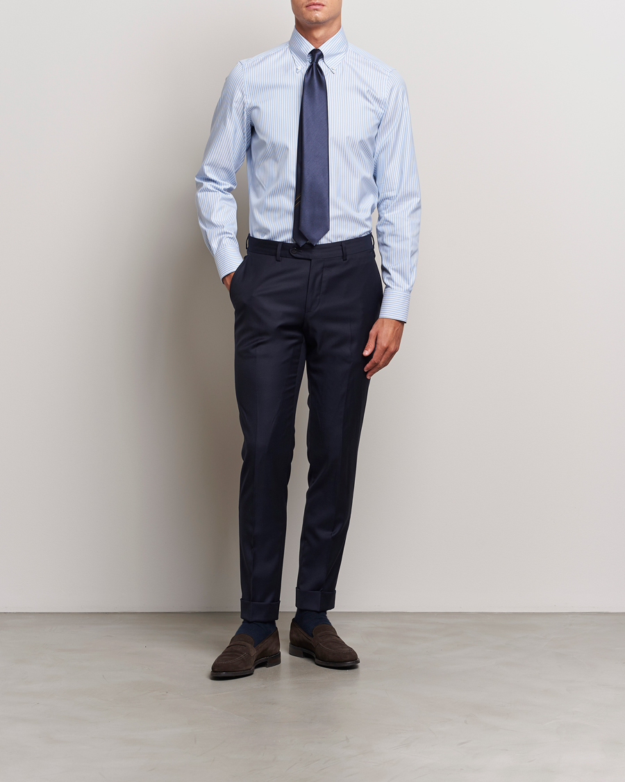 Homme |  | Finamore Napoli | Milano Slim Oxford Button Down Shirt Blue Stripe