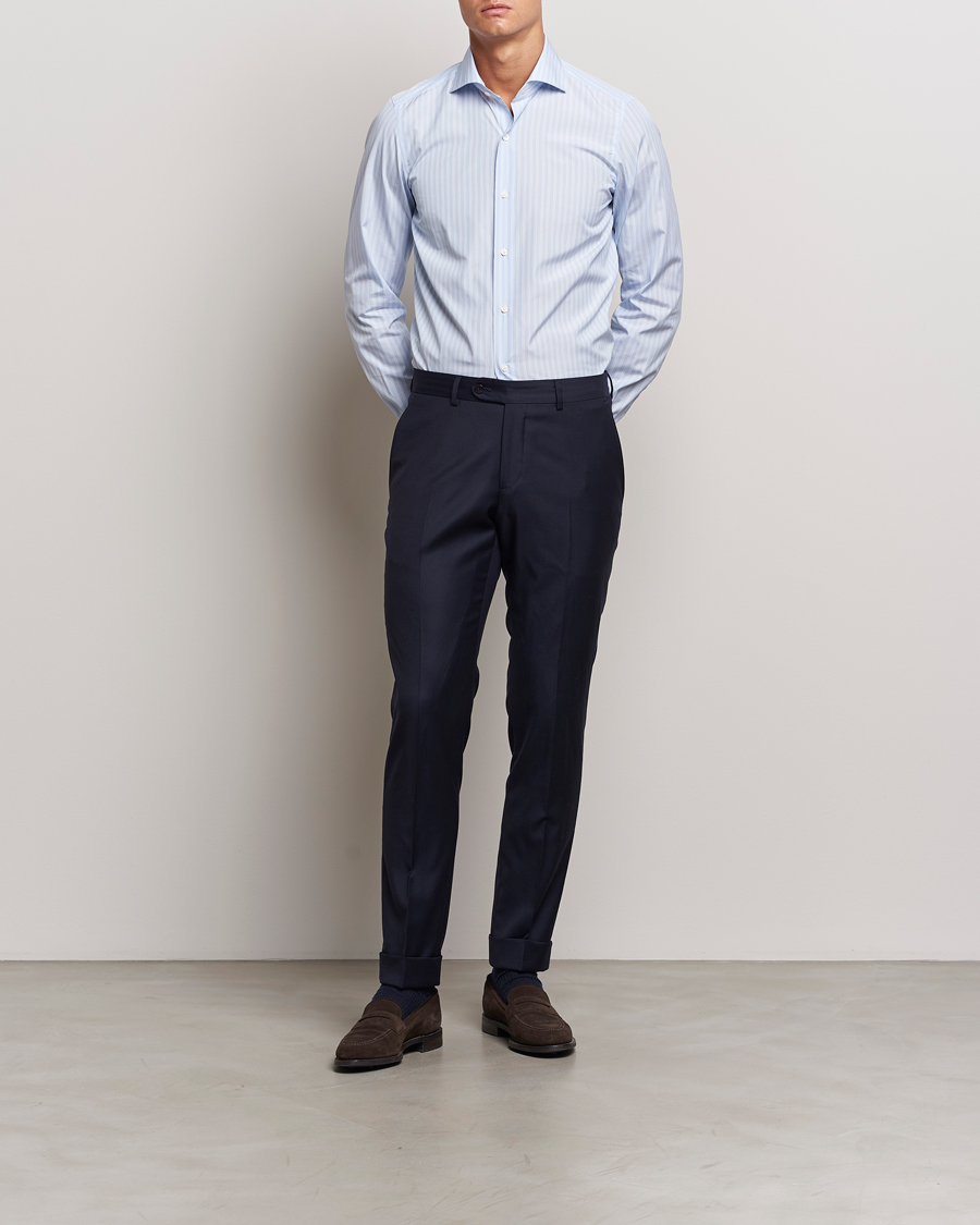 Homme |  | Finamore Napoli | Milano Slim Giza 170 Striped Dress Shirt Blue