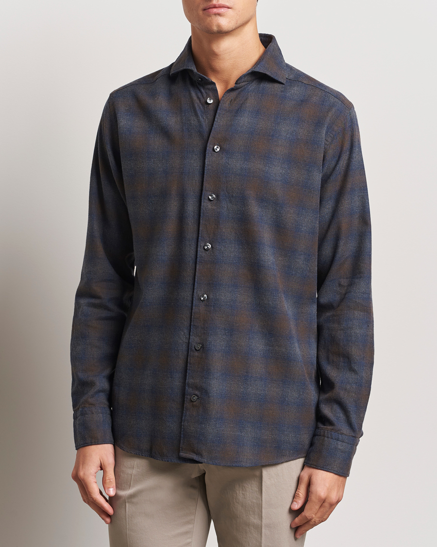 Homme |  | Eton | Slim Fit Checked Flannel Shirt Navy Blue