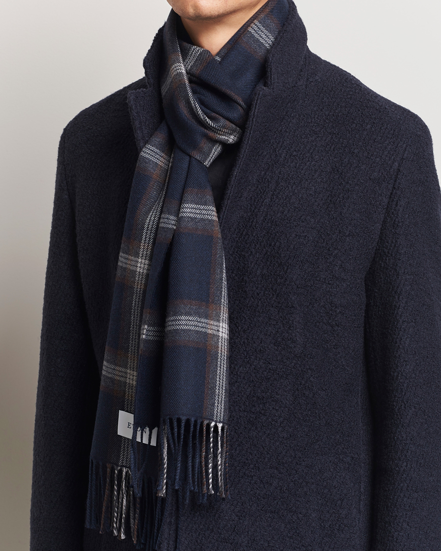 Homme |  | Eton | Merino Wool Checked Scarf Navy Blue