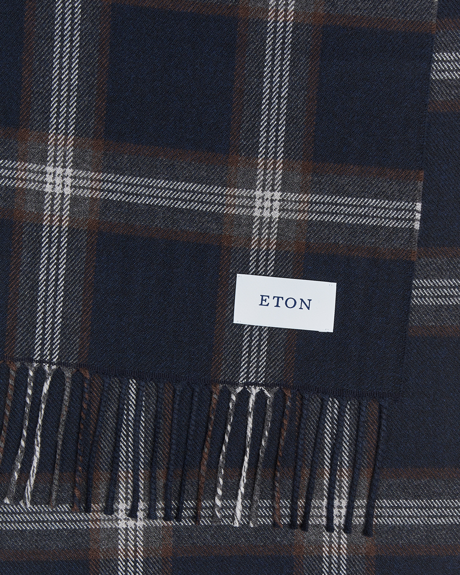 Homme |  | Eton | Merino Wool Checked Scarf Navy Blue